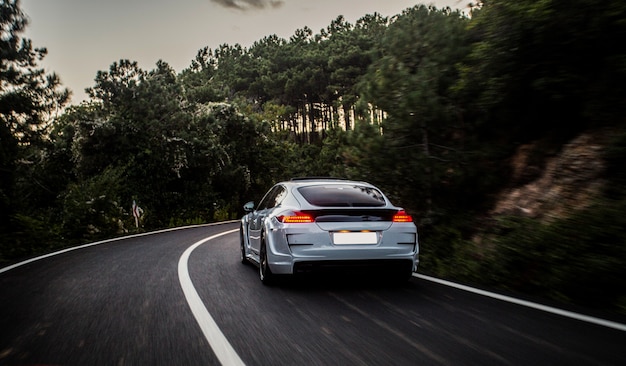 sport car with black white autotuning driving forest 114579 4076